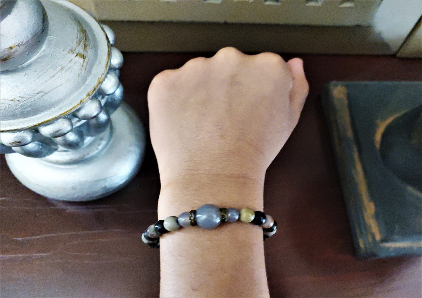 Agate, Jasper, and Black Lava Stone Bracelet, TV200