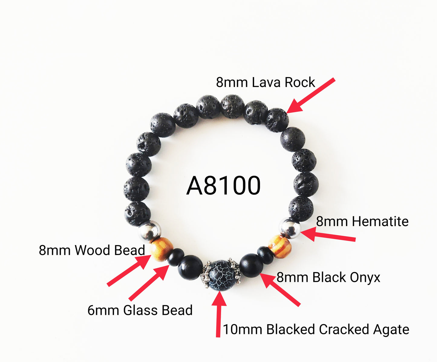 Black Cracked Agate and Lava Rock Bracelet, A8100